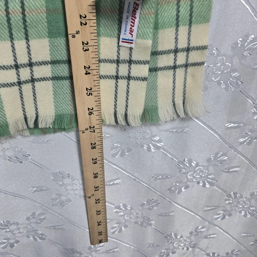 Vintage Betmar Green Plaid Scarf Made in France Acrylic Fringed Tartan 53x11 NWT